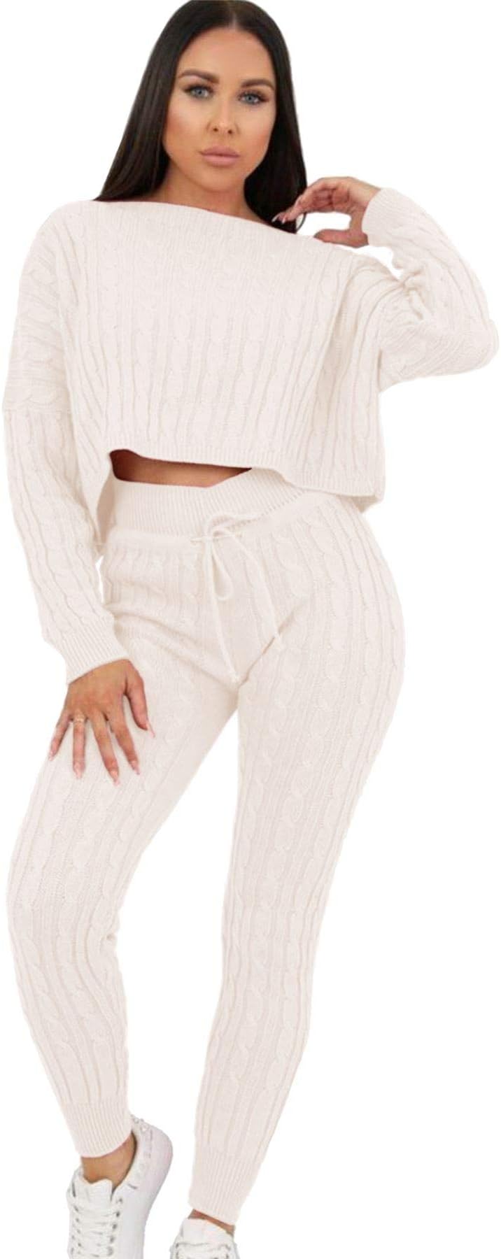 Womens Ladies New Cable Knitted Cropped Baggy Top Bottoms Co-Ord 2 Pcs Suit Loungewear Tracksuit