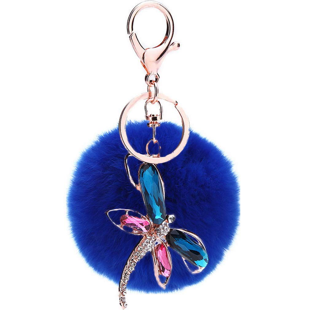 JK Home Dragonfly Pendant Ball Pom Pom Keychain for Car Phone Bag Toy Blue