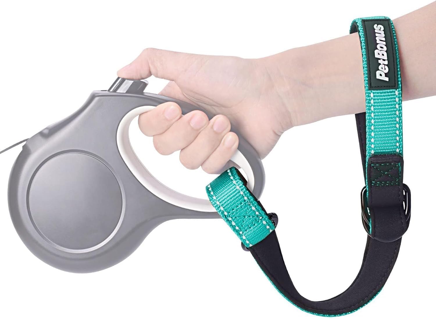 PetBonus Short Dog Lead, Safety Wrist Strap for Retractable Dog Lead, Reflective Design and Adjustable Soft Padded Handle, Extra Layer Security for Pet Stroller (Turquoise)