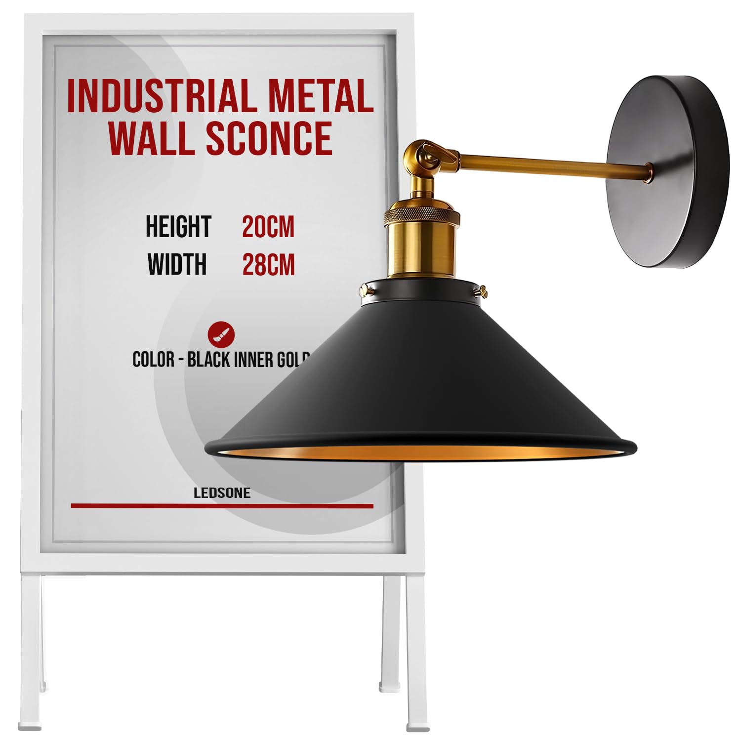 LEDSone Industrial Metal Wall Sconce, Black & Gold Wall Light with E27 Bulb Holder, Modern Indoor Wall Lamp for Bedroom, Hallway & Living Room