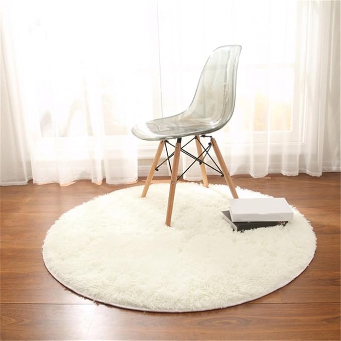 Teppich, CAMAL Runde Seide Wolle Material Yoga Teppich für Wohnzimmer Schlafzimmer und Bad (Milch Weiß, 200cm)