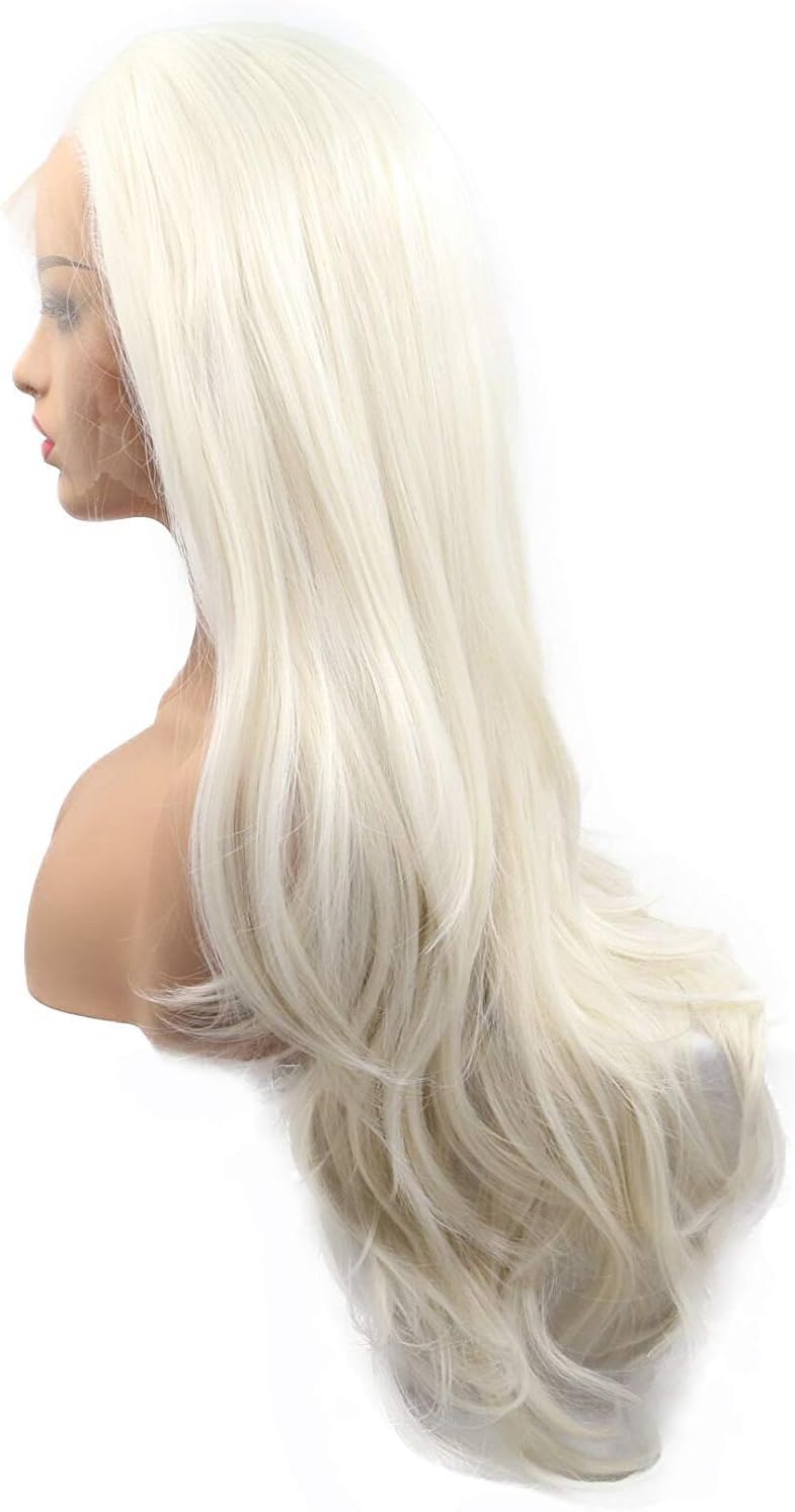 White Blonde Synthetic Lace Front Wigs for Women Long Wavy Realistic Natural Hairline Platinum Blonde Curly Synthetic Lace Front Wig Glueless Heat Resistant Fiber Hair - Image 5