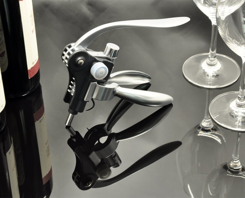 Rabbit Wine Bottle Opener Set with Bamboo Stand, 5 Piece Lever Corkscrew Remover, 2 Wine Stoppers, Foil Cutter, Extra Teflon Spiral, Best Gift for Wine Lover by Vina