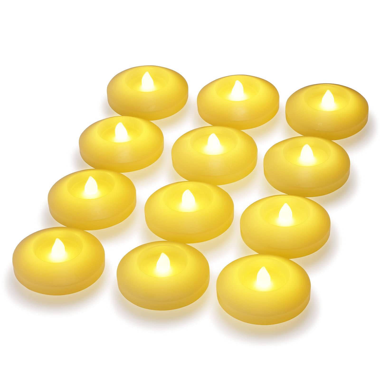 Photo 1 of Floating Candles 3 inch Flicker LED Floating Wax Candles Flameless Batteries Tea Lights Water Activated for Home Wedding Party Centerpiece Vases Outdoor Swimming Pool Pond Decor (Warm White, 12 Pack)