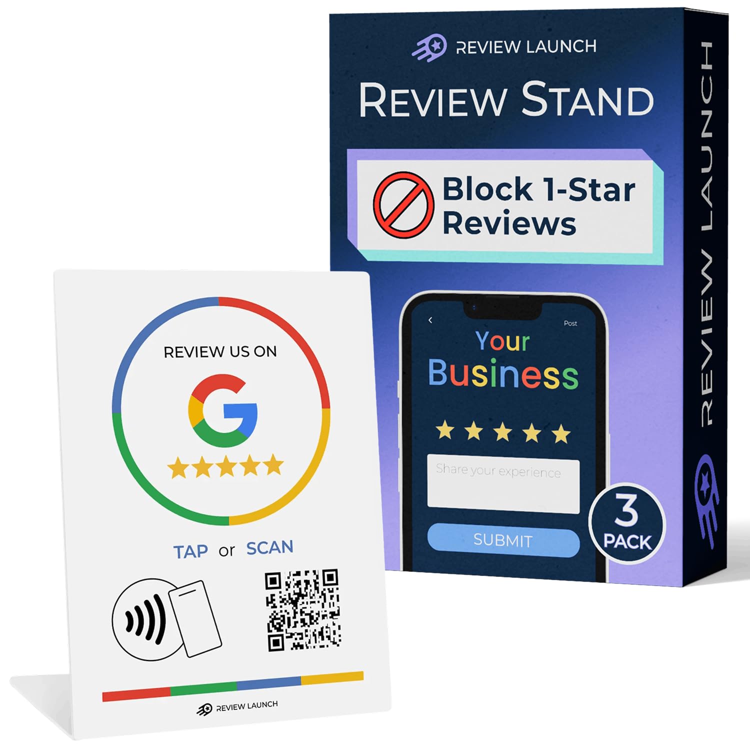 Review Launch Review Stand Compatible with Google Reviews | Boost Online Reviews and Google Rank with Fast Zappy NFC Tap Card Stand QR Code Stand Works Like Digital Business Card (Large Stand, 3 Pack)
