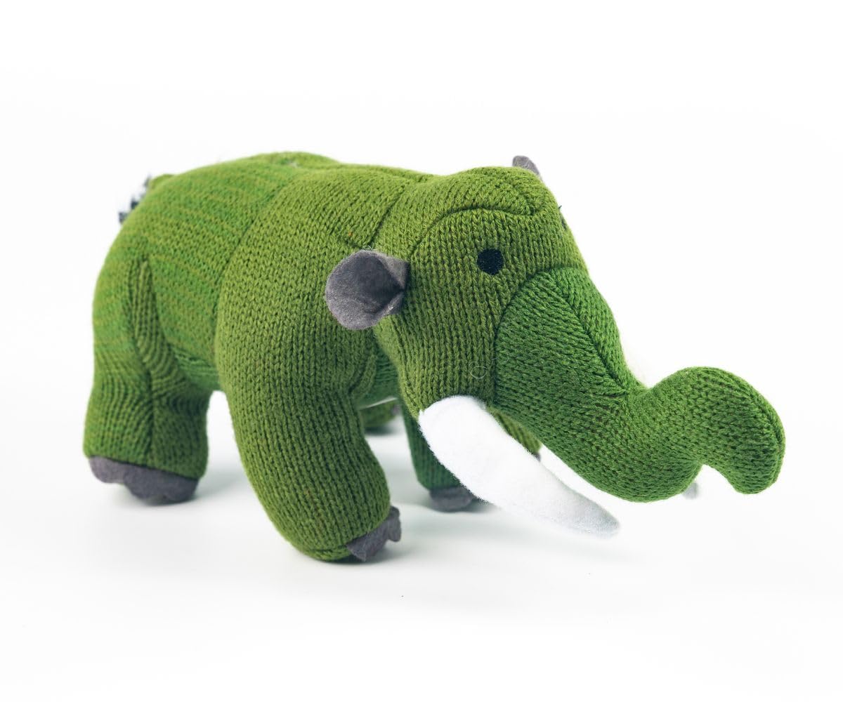Knitted Woolly Mammoth Dinosaur Baby Rattle in Moss Green, Suitable from Birth