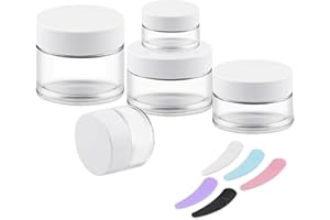 ELUMEIRO 5 Pcs Small Makeup Travel Containers Glass Jars with White Lids, 5/10/15/20/30 Gram Empty Clear Travel Size Toiletries Tiny Cosmetic Jar with 5 Pieces Mini Spatulas for Makeup, Lip balms, Cream