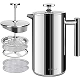 Secura French Press Coffee Maker, 304 Grade Stainless Steel Insulated Coffee Press with 2 Extra Screens, 50oz (1.5 Litre), Si