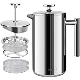 Secura French Press Coffee Maker, 304 Grade Stainless Steel Insulated Coffee Press with 2 Extra Screens, 50oz (1.5 Litre), Silver