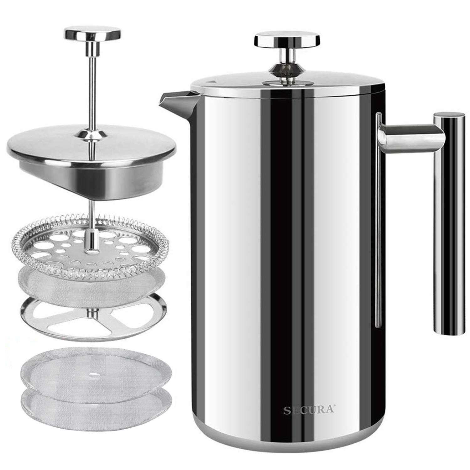 Photo 1 of Secura French Press Coffee Maker, 304 Grade Stainless Steel Insulated Coffee Press with 2 Extra Screens, 50oz (1.5 Litre), Silver
