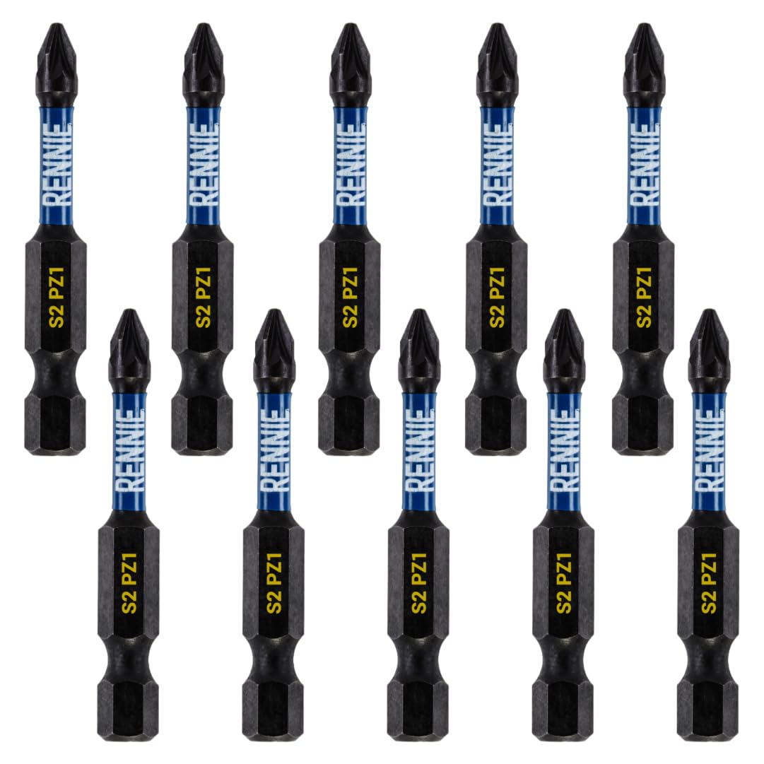 10 x Rennie Tools 50mm Long PZ1 Impact Screwdriver Driver Bits Set. Heavy Duty PoziDriv POZI No.1 Magnetic Screwdriver Bit Set. PZ1 Impact Driver Bits Pozidrive Screw Accessories.