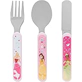 Disney Princess 3 Piece Cutlery Set - Metal, Reusable Children's Knife, Fork &amp; Spoon, Kids-Size, Made from Food-Safe Stainless Steel &amp; ABS Plastic - with Belle, Tiana &amp; Aurora - for 36 Months &amp; Up