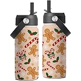 FAIVHSO Christmas 16 oz Water Bottle with Straw Lid, Stainless Steel Insulated Tumbler, Gingerbread Water Bottles, Gingerbread Cup Gifts for Christmas Birthday (1pcs)