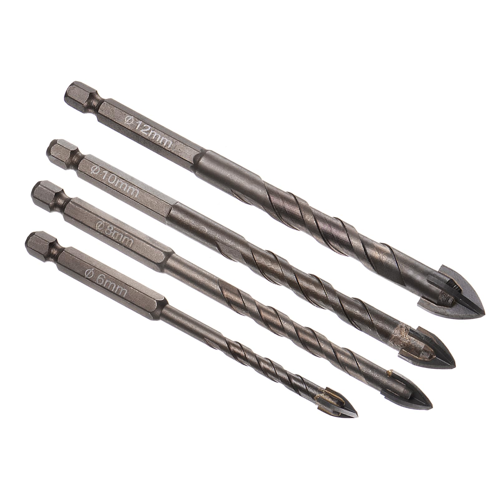 Kozelo 4pcs Masonry Drill Bit Set - [ 6mm to 12mm ] Concrete Drill Bit Set for Brick/Glass/Plastic/Ceramic Tile Use, 1/4" Hex Shank, Carbide Tip