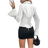 WDIRARA Women's Long Bell Sleeve Button Down Shirt Lace Up Back Princess Line Lapel Top