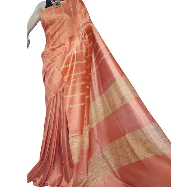 For Womens Bhagalpuri Kota Silk Pink 2 Bunty Bably Saree With Plain Srtriped And Running Blouse Piece Free Sise