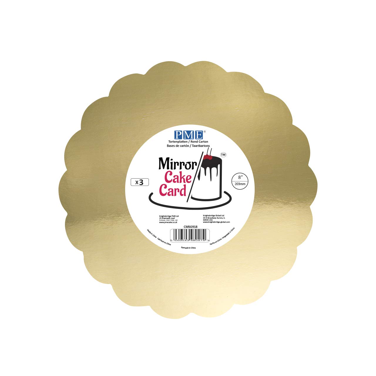 PME CMSG918 Mirror Cake Card-Scallop-Metallic Gold-Pack of 3, Cardboard, 20cm/8 Inch