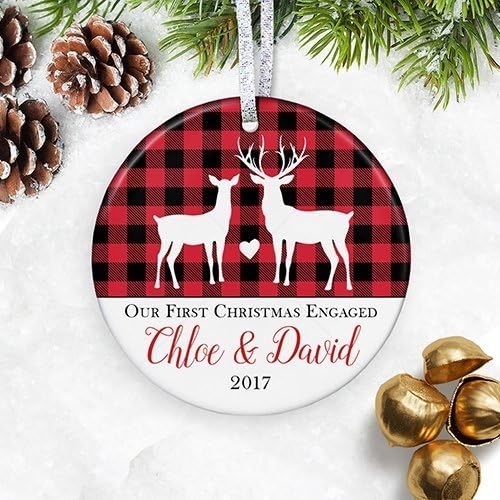 Our First Christmas Engaged Ornament 2017, He Proposed She Said Yes! Personalized Buffalo Check Ornament For Newly Engaged Couple - 3" Flat Circle Ceramic Ornament - Gold &amp; Silver Ribbon | PGM-OR-69b