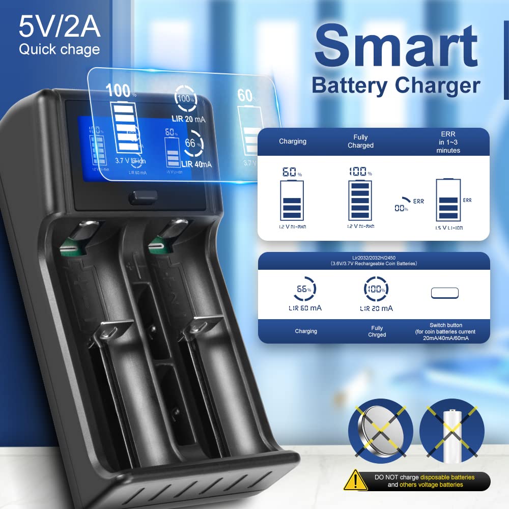 Rechargeable 2032 Battery Charger Set Include LIR2032 Lithiuim 1.5V AA AAA High Capacity Smart Universal Charging (Total 7 Pcs)…