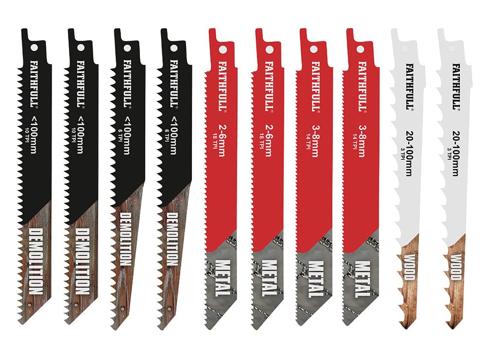 Faithfull FAISBSSET106 10 Piece Sabre Saw Assorted Blade Set With Case Includes Metal and Wood Blades