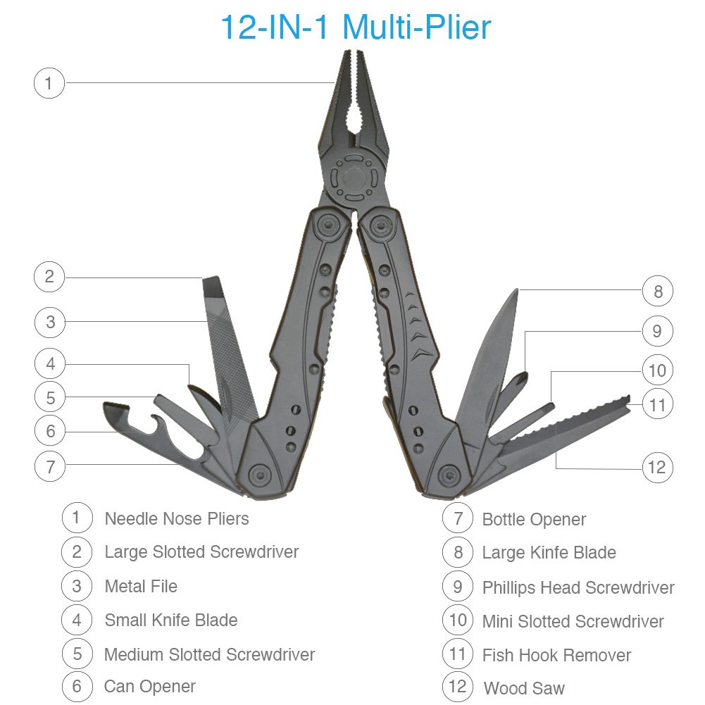 Multitool Pliers Newild 12-in-1 Multi Purpose Pocket tool Set with Knife Fire Starter Nylon Sheath Durable Black Oxide Super Hardened 420 Stainless Steel for Survival,Camping,Fishing,Hunting,Hiking