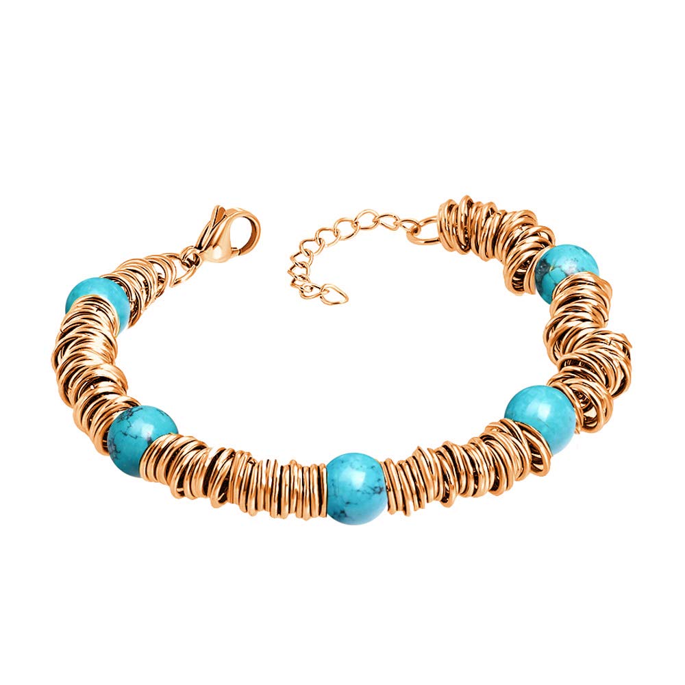 555Jewelry Stainless Steel Disc & Extendable Bead Bracelets for Women, Turquoise Bracelets for Women, Beaded Bracelets for Ladies, Womens Beaded Bracelets, Rose Gold & Turquoise
