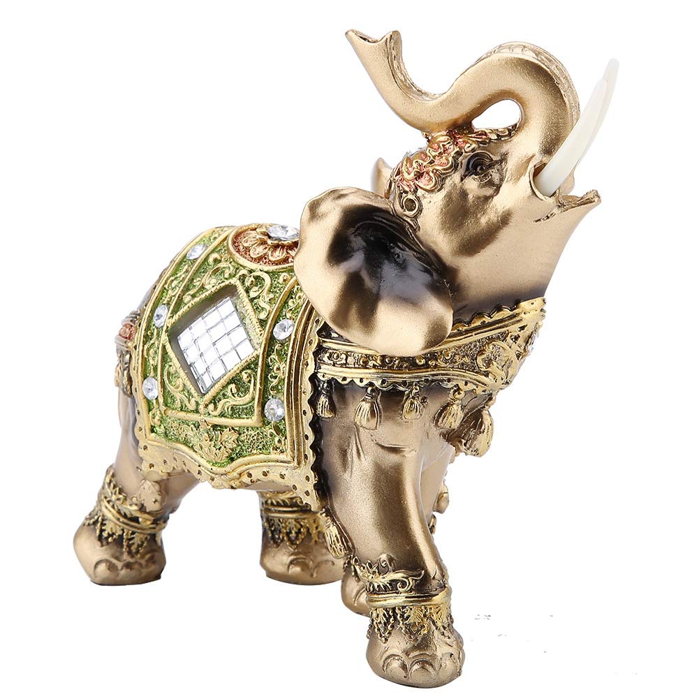 Elephant Statue, Lucky Feng Shui Figurine Green Elephant Trunk Wealth Figurine Decoration with Ceremonial Costumes for Home Office Hotel Cafe L/M/S (Green trumpet)