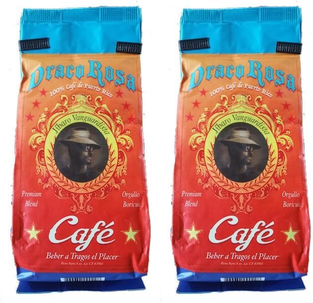 Draco Rosa Organic Ground Coffee from Puerto Rico (2 Bags of 8 Ounces) - Includes 2 Envelopes of Sason Accent
