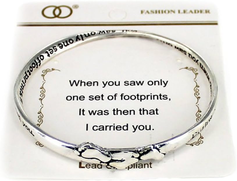 Silvertone Beautiful Inspirational Footprints in the Sand Poem Twisted Bangle Charm Bracelet (with Gift Box)