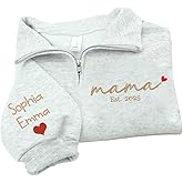 Godashop Custom Embroidered Mama Quarter Zip Sweatshirt, Personalized Name Pullover EST 2025, Cozy Cotton Fleece Half Zip Top, Personalized Gifts For New Mom, Mommy Birthday, Mothers Day, Christmas/2