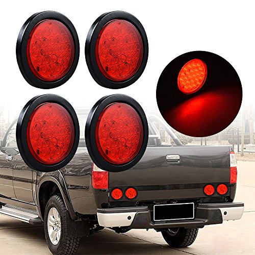 4pcs White Back-up Reverse Lamp + 2X Red Stop Brake Tail Light 24-LED 4" Round Kit for Truck Trailer RV