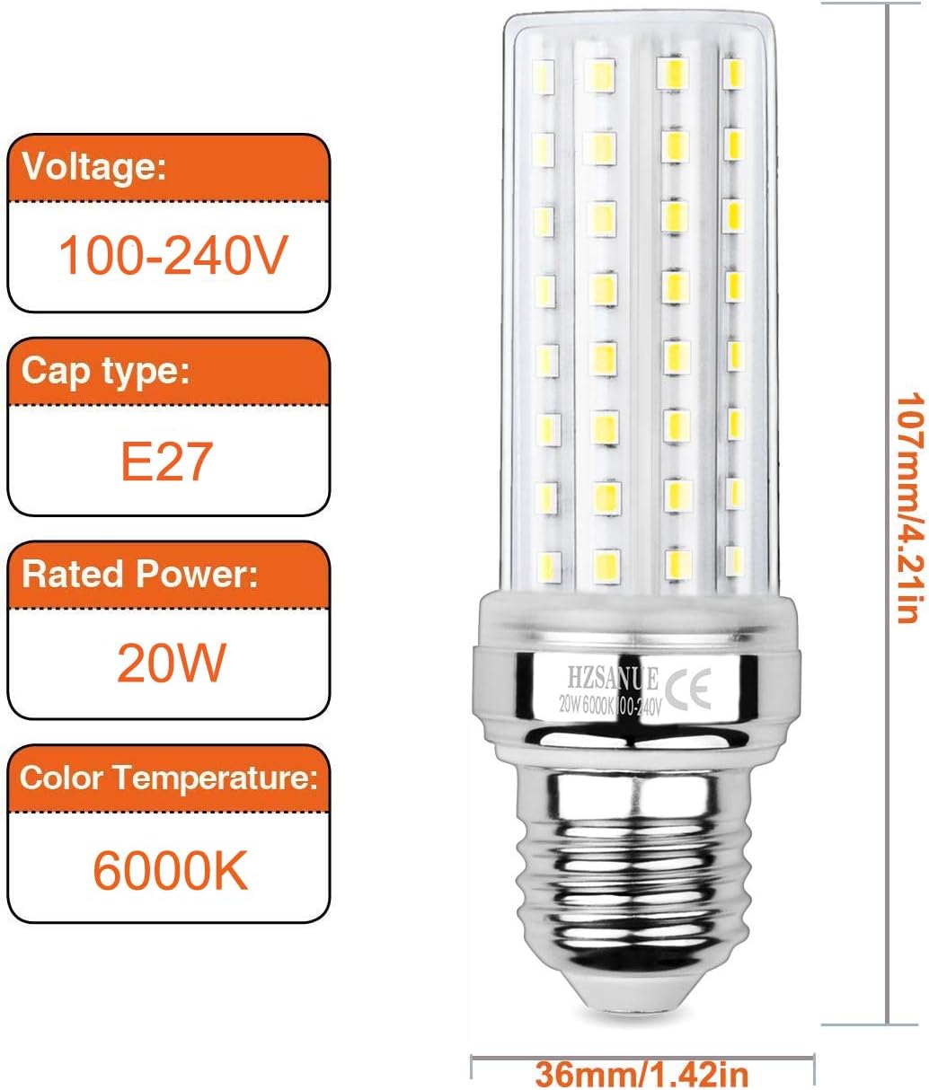 HZSANUE LED Corn Bulbs 20W, E27 Edison Screw Bulbs,2200Lm, 6000K Daylight White,150W Incandescent Bulbs Equivalent,Pack of 3 - Image 3