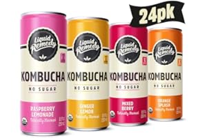 Liquid Remedy Kombucha Sugar Free Organic Drink, Low Calorie, Probiotic Like Tea for Gut Health - Fan Favorites Variety Pack - 8.5 Fl Oz Can, 24-Pack