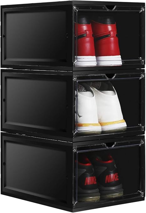 Amazon Unikoo スニーカーシューズボックス マグネット縦型 磁石ドア クリアシューズケース アクリル透明 収納ボックス プラスチック 靴箱 多層 折り畳め可能 シューズディスプレー 靴棚 組立て 90 開き 防塵防水 小物 文房具 化粧品 クロゼット 玄関 ブラック3個