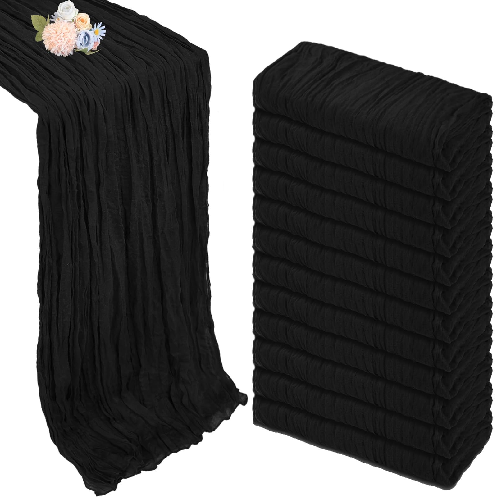 12 Pack Table Runner Black Cheesecloth 10ft Boho Gauze Fabric Cheese Cloth Table Runner 35 x 120 Inch Rustic Sheer Runner for Holiday Baby Shower Home Décor Party Wedding Decoration Image