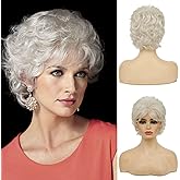 Beweig Short Curly White Wigs for Women Fluffy Natural Looking Synthetic Hair Daily Wigs for Old Ladies