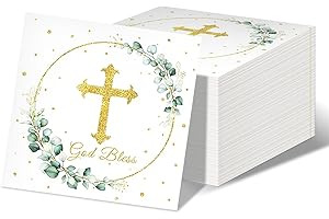 YYBD 100 Pack Eucalyptus Cross Napkins Gold Bless Dessert Napkins First Communion Disposable Paper Lunch Napkin Bless Hand To