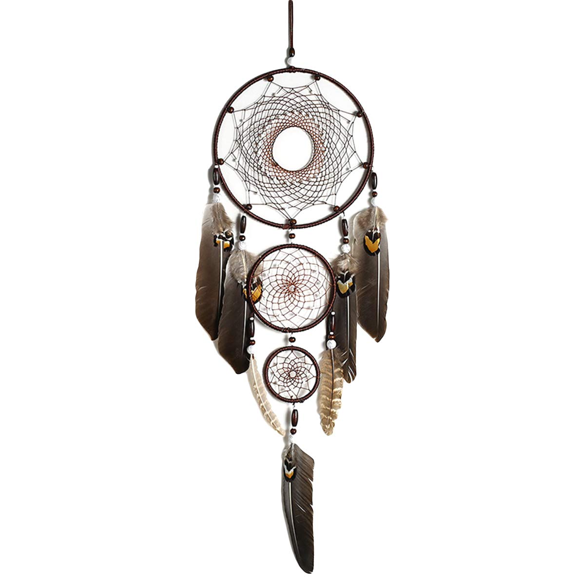 Camidy Dream Catcher with Feathers, Indian Style Knitted Circular Net Feather Fairy Hanging Dream Catcher Home Room Wall Hanging Decor … (Brown)