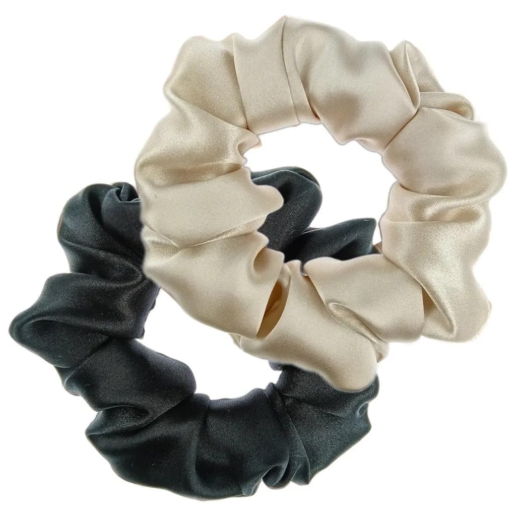 ZHIYE 2 Pcs Silk Hair Scrunchies, 100% Pure Mulberry Silk Hair Ties Elastic Ponytail Holders for Girls and Women, Black+Griege