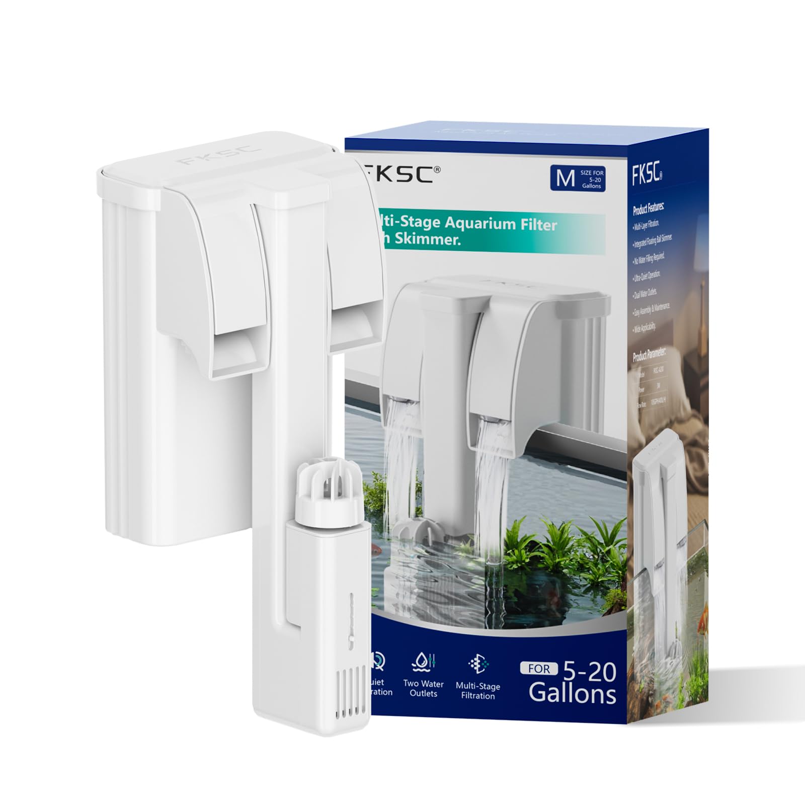 Photo 1 of FKSC Hang On Back Aquarium Filter for 5–20 Gallons Fish Tanks, 3-Stage Multi-Stage Filtration with Surface Skimmer, Ultra Quiet HOB Power Waterfall Filter for Freshwater