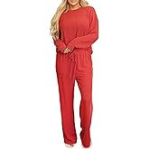 Deer Lady 2 Piece Sets for Women Fall Ribbed Long Sleeve Top and Pants Set Pocket Pajama Lounge Sets Travel Outfit Loungewear