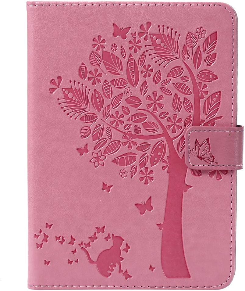 LMFULM® Case for All Kindle Paperwhite (2018/2016/ 2015/2013/ 2012 Models with 6 Inch Display) PU Leather Ultrathin Magnetic Leather Cover Embossing Cat and Tree Stand Case Flip Cover Pink