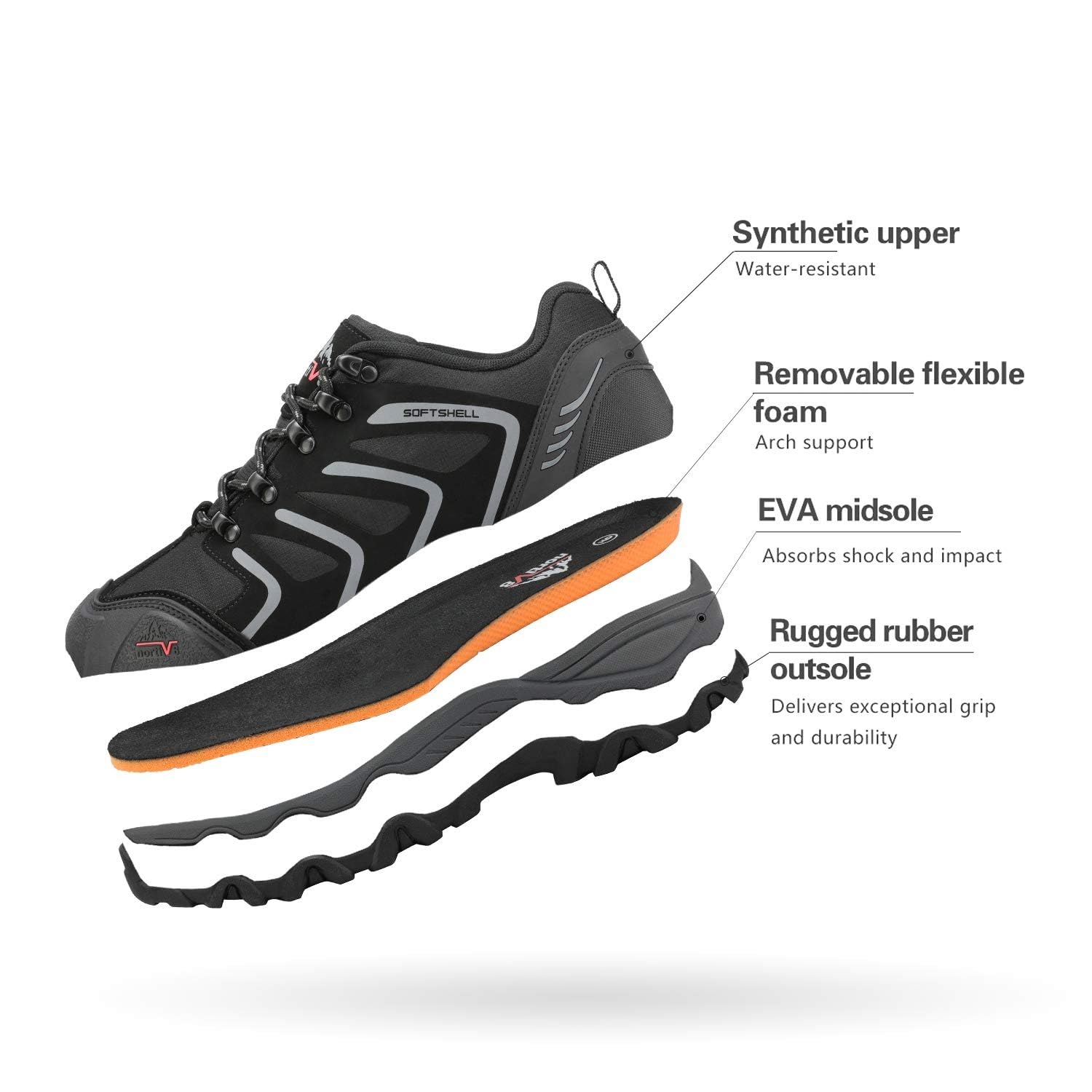 NORTIV 8 Herren wasserdichte Wanderschuhe Low Top Leichte Outdoor Trekking Camping Trail Wanderschuhe,Size 48,Schwarz/Dunkel/Grau,160448_Low-E 4
