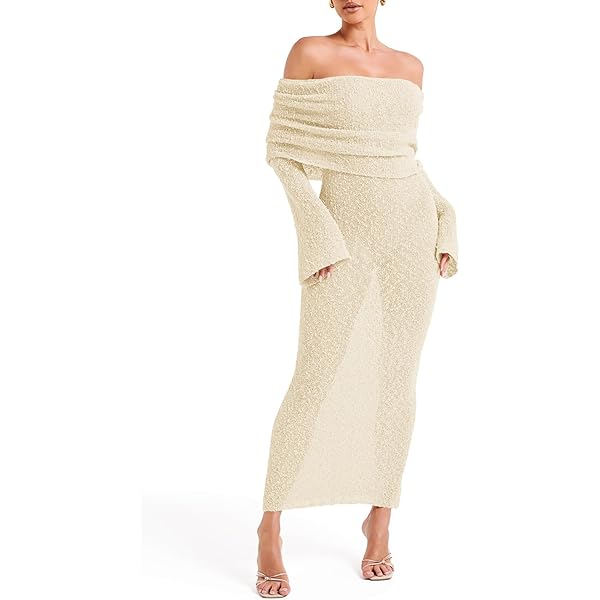 Women's Off Shoulder Long Sleeve Seethrough Knit Dress in White