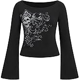 SOLY HUX Women's Plus Size Tops Y2k Gothic Graphic Tees Skull Print Scoop Neck Bell Long Sleeve T Shirt