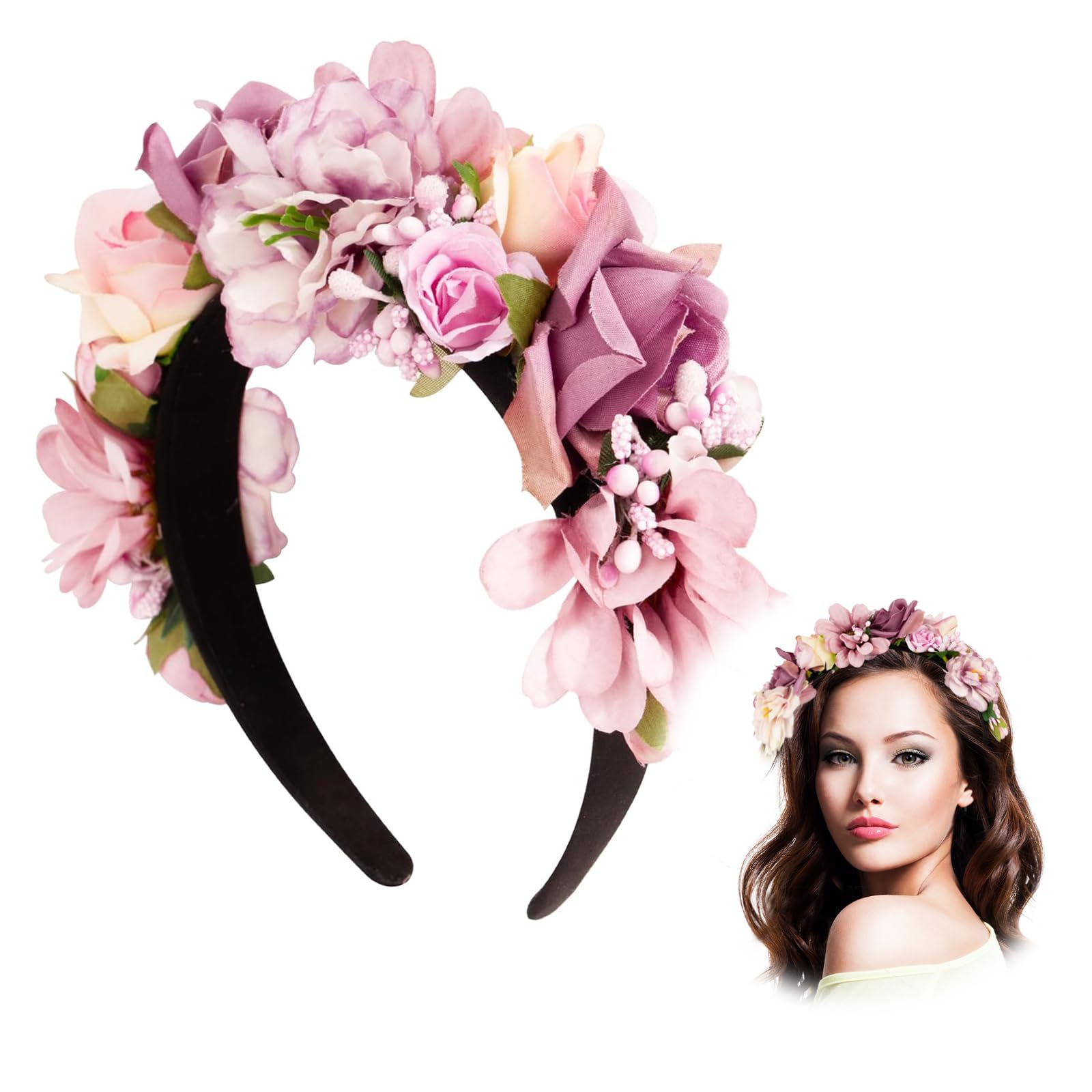 HuaMuDM Headband Dirndl Flowers, Flower Hair Wreath, Flower Headband, Charming Hair Accessories for Dirndl, Women's Girls Garland, Women's Girls Headpiece with Flowers for Wedding Carnival Theme Party