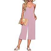 AUSELILY Womens Summer Jumpsuit 2025 Casaul Sleeveless Adjustable Spaghetti Straps Wide Leg Rompers with Pockets Pink L