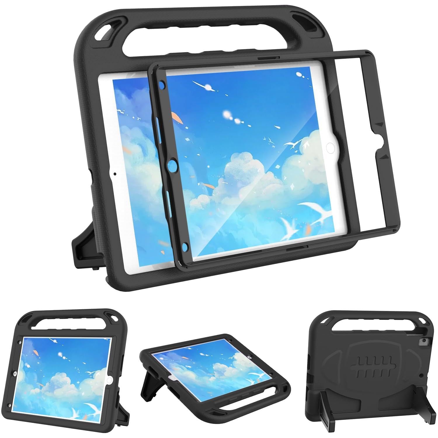 SINSO Kids Case for ipad 9th Generation 2021/ iPad 8th Generation 2020/ iPad 7th Generation 2019 10.2 inch ipad Cover Built-in Screen Protector, Shockproof Convertible Handle Stand, Black — image 1