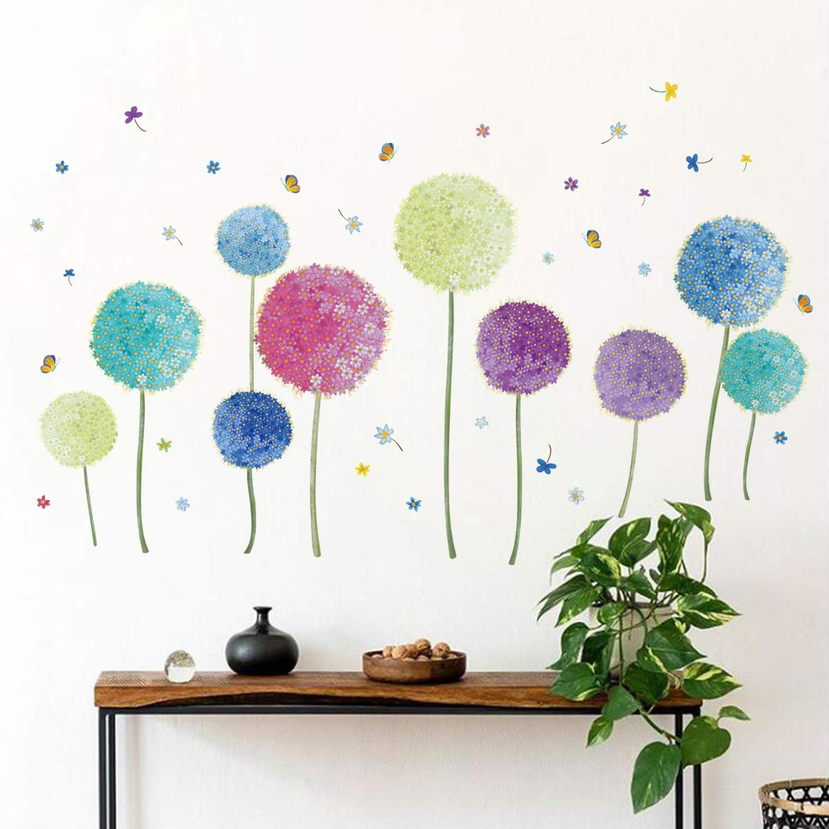 Runtoo Colorful Flower Wall Decals Dandelion Allium Baseboard Wall Stickers Butterfly Living Room Bedroom Wall Décor
