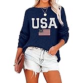Lacozy Womens Sweater Crewneck USA Graphic Long Sleeve Tops Lightweight American Flag Sweatshirt 4th of July Outfits
